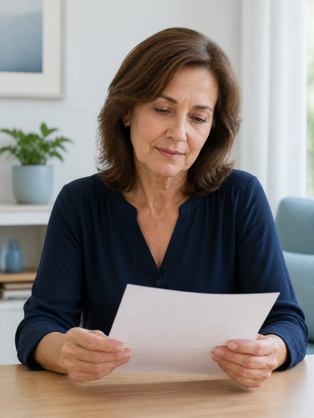 Mulher consultando uma folha de exames em casa